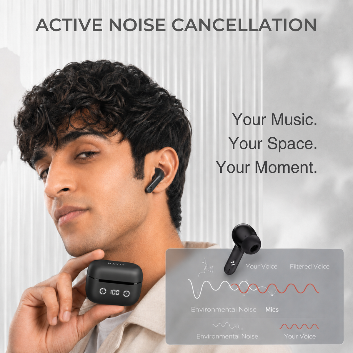 HAVIT TWS Wireless Earbuds TW984 with LED Display Case ANC, ENC Calls, Deep Bass, 24H Playtime, Multipoint | Black